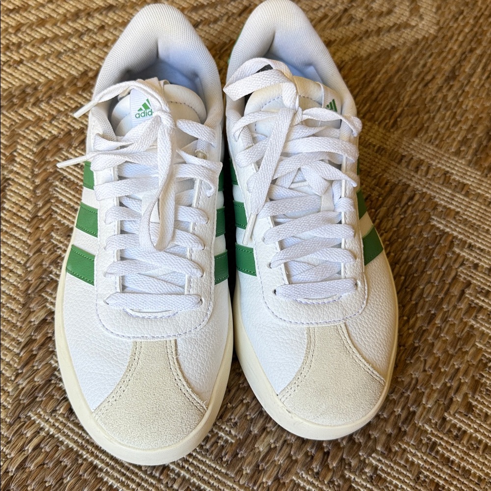 Adidas White and Green Sneakers, Brand size 7.5, fits size 8. Like new